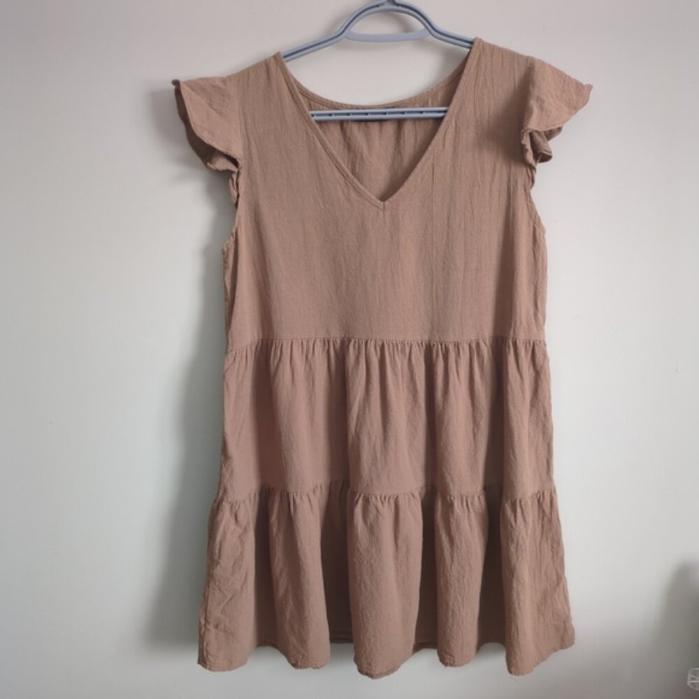 Shein Light Brown Tiered V‎ Neck Dress Ruffle Sleeves Size 6